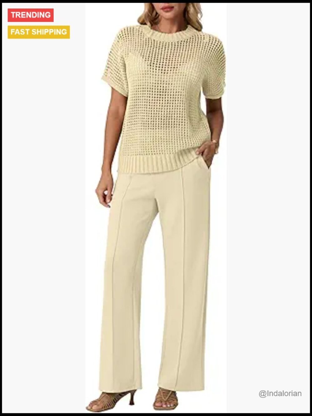 Crochet Knit 2 Piece Set Sheer Sweater Top Wide Leg Pants Lounge Travel Outfit